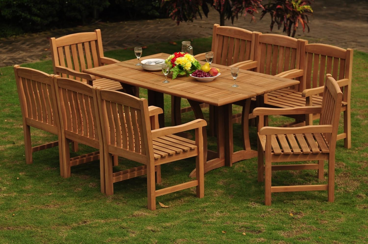 IDZO New 9 Pc Luxurious Grade-A Teak Wood Outdoor Dining Set - 69" Warwick Conole Folding Dining Rectangle Table and 8 Devon Arm/Captain Chairs #WHDSDVk