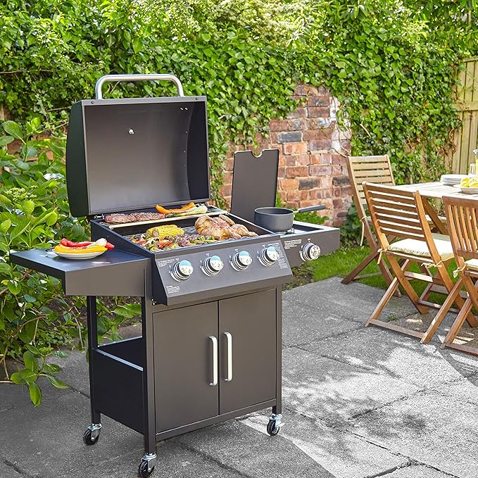 Zalorin Gas BBQ Grill 4 + 1 Burner Side Stainless Steel Garden Barbecue Outdoor Comes with Cover & Gas Regulator