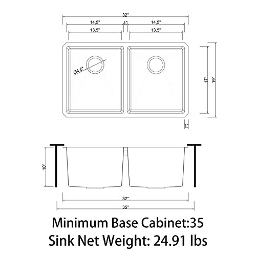 Zalorin 32" x 19" x 10" Undermount Double Bowl Kitchen Sink with 16 Gauge 304 Stainless Steel Satin Finish HU3219D-S-16G (Sink Only)