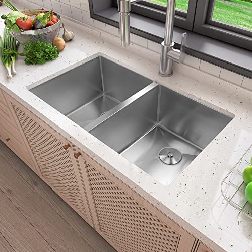 Zalorin 32" x 19" x 10" Undermount Double Bowl Kitchen Sink with 16 Gauge 304 Stainless Steel Satin Finish HU3219D-S-16G (Sink Only)