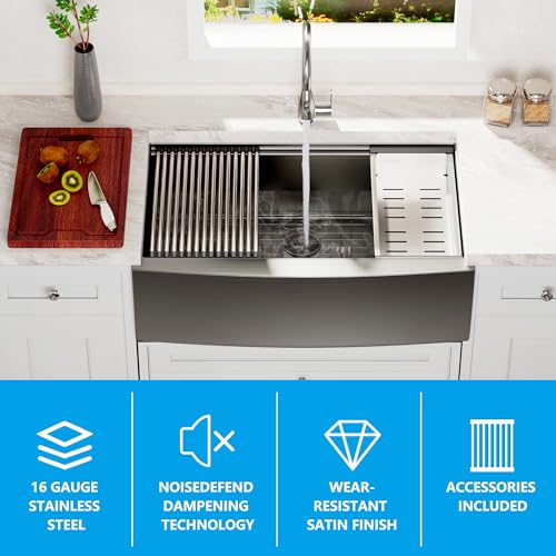 Zalorin Farmhouse Sink, 33 x 22 Inch Undermount Kitchen Sink 16 Gauge Black Stainless Steel Kitchen Sinks Apron Front Single Bowl 10 Inch Deep Workstation Sink with Cutting Board