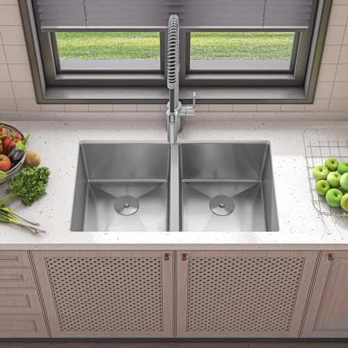 Zalorin 32" x 19" x 10" Undermount Double Bowl Kitchen Sink with 16 Gauge 304 Stainless Steel Satin Finish HU3219D-S-16G (Sink Only)