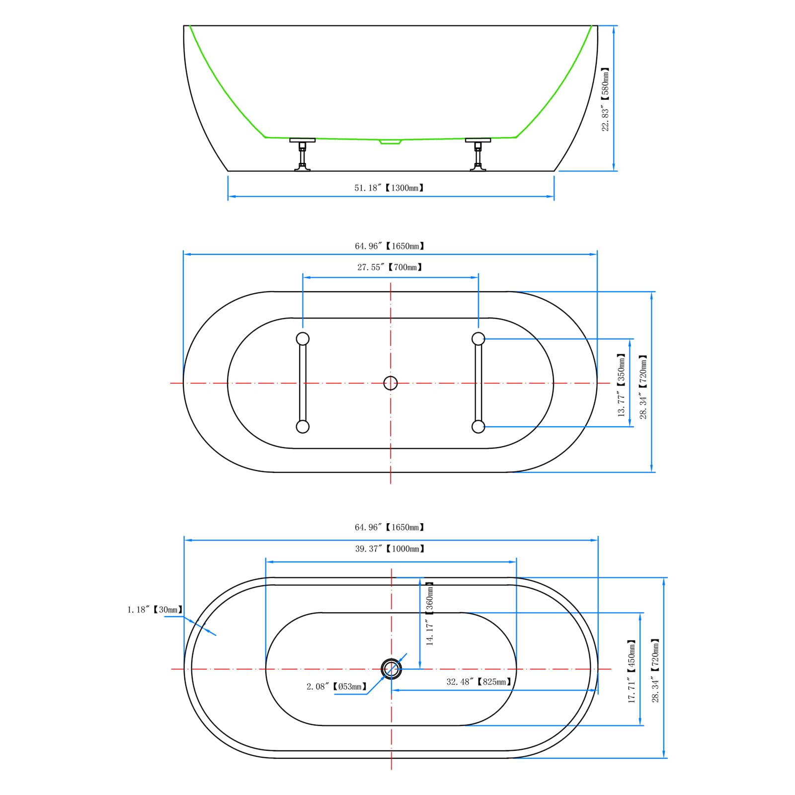 Zalorin 65" Acrylic Freestanding Tub, Double Ended Freestanding Tub, Soaking Tub with Integrated Slotted Overflow, Toe-On Chrome Drain, Glossy White