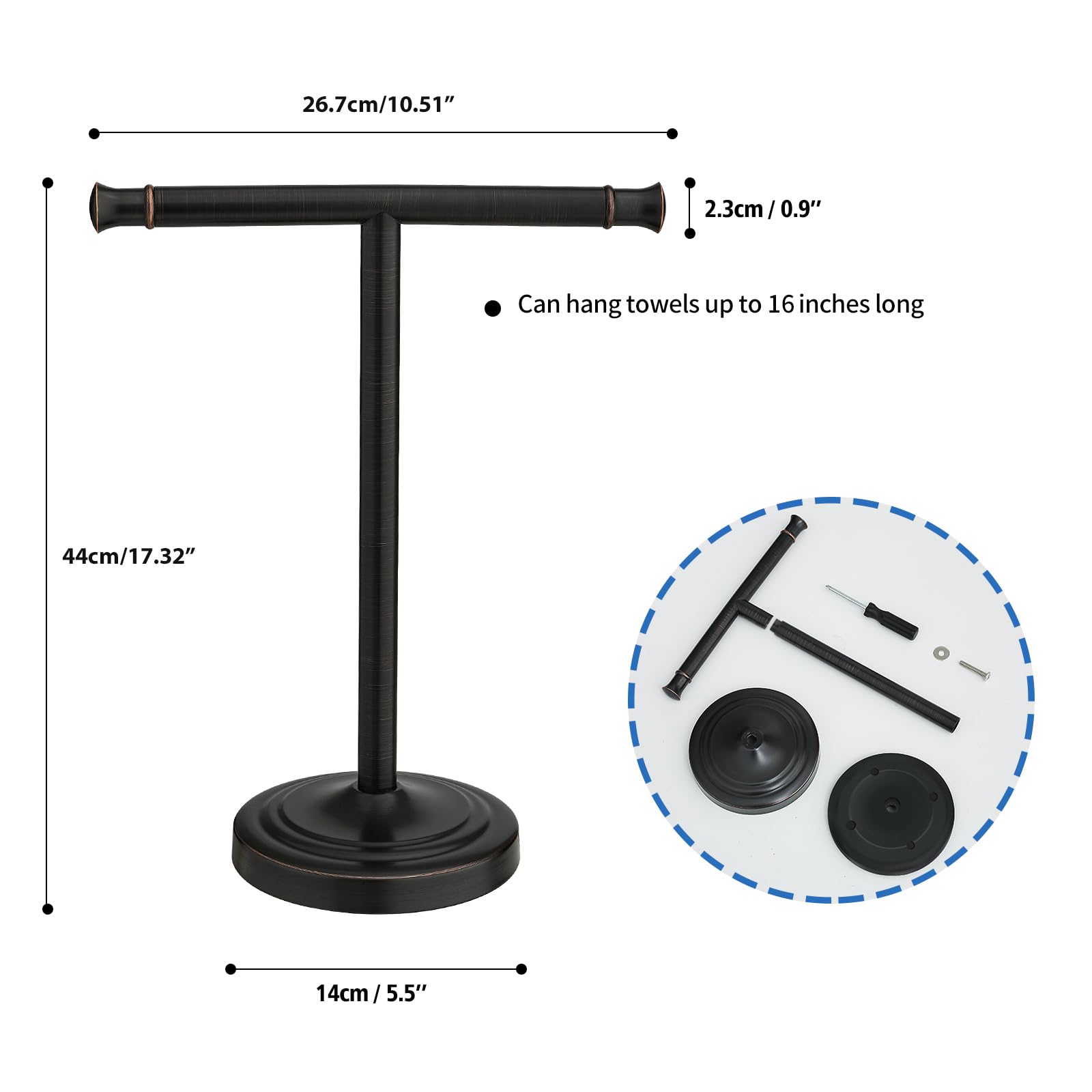 Zalorin 17 Inch Oil Rubbed Bronze Towel Stand Hand Towel Holder Bathroom Kitchen Vanity Countertop T-Shape Towel Rack Free Standing Stainless Steel Towel Bar Towel Ring