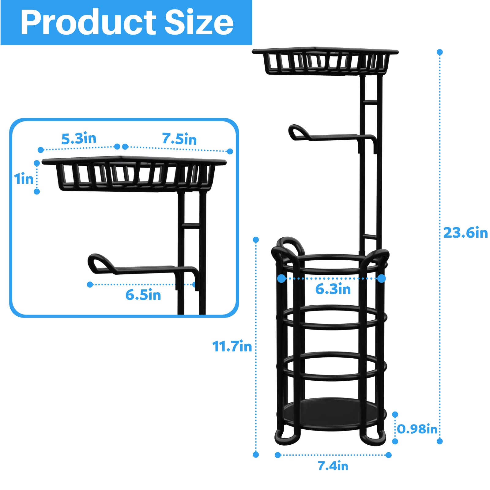 Zalorin Toilet Paper Holder Stand with Shelf, Free Standing Toilet Tissue Roll Storage Rack for Bathroom, Black