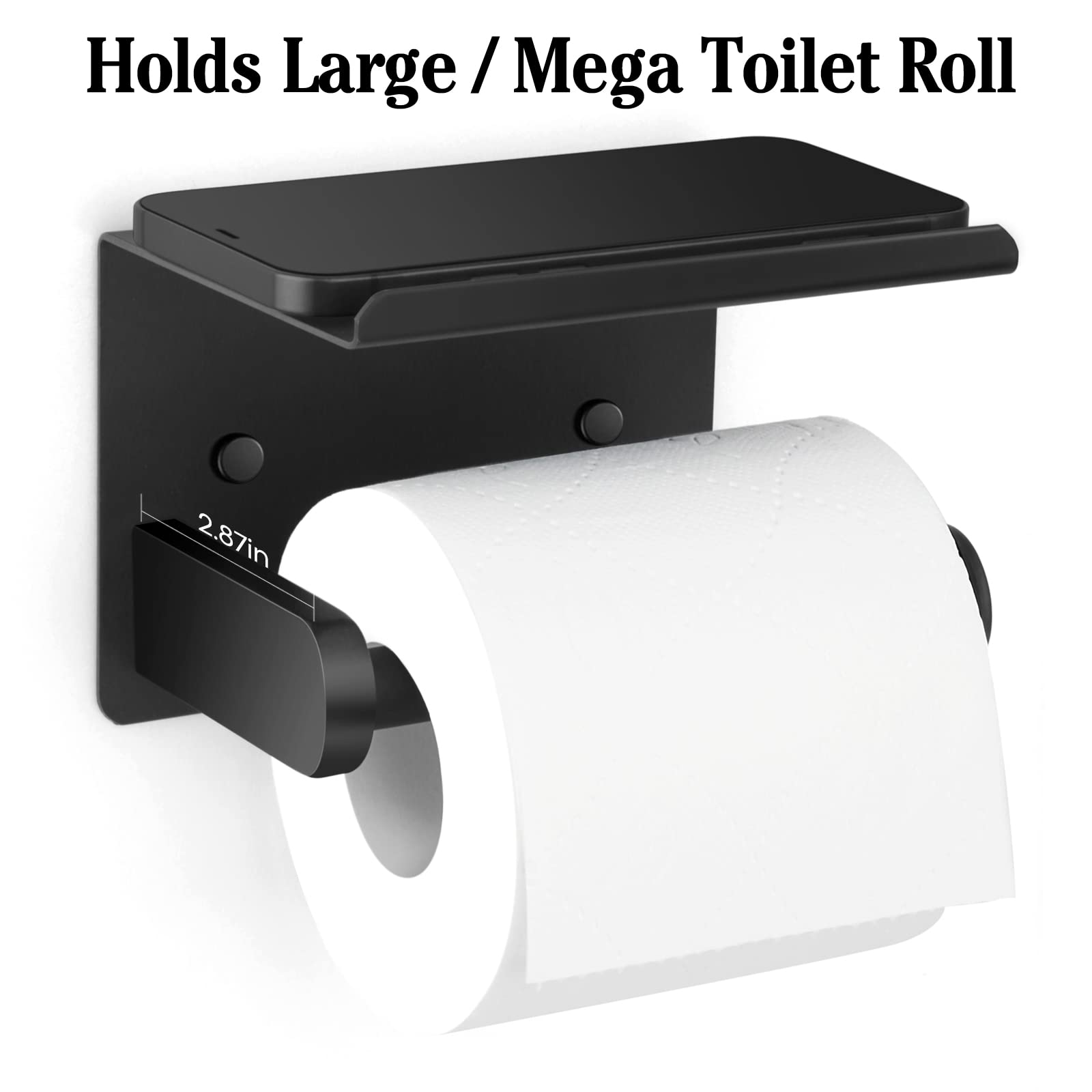 Zalorin Toilet Paper Holder, Matte Black Toilet Paper Holder with Shelf,Screw or Self Adhesive Toilet Paper Holder Wall Mount, Bathroom Toilet Paper Holder,Toilet Paper Roll Holder for Bathroom,Washroom