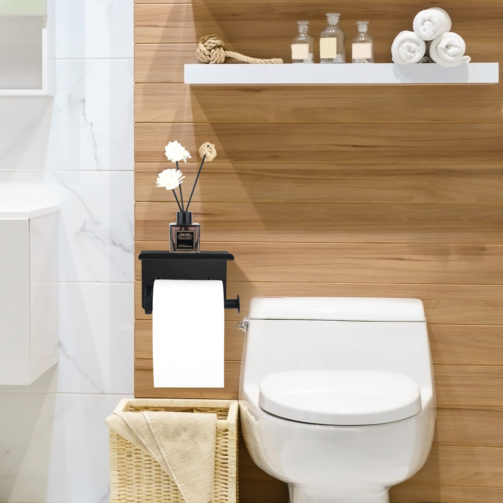 Zalorin Toilet Paper Holder, Matte Black Toilet Paper Holder with Shelf,Screw or Self Adhesive Toilet Paper Holder Wall Mount, Bathroom Toilet Paper Holder,Toilet Paper Roll Holder for Bathroom,Washroom