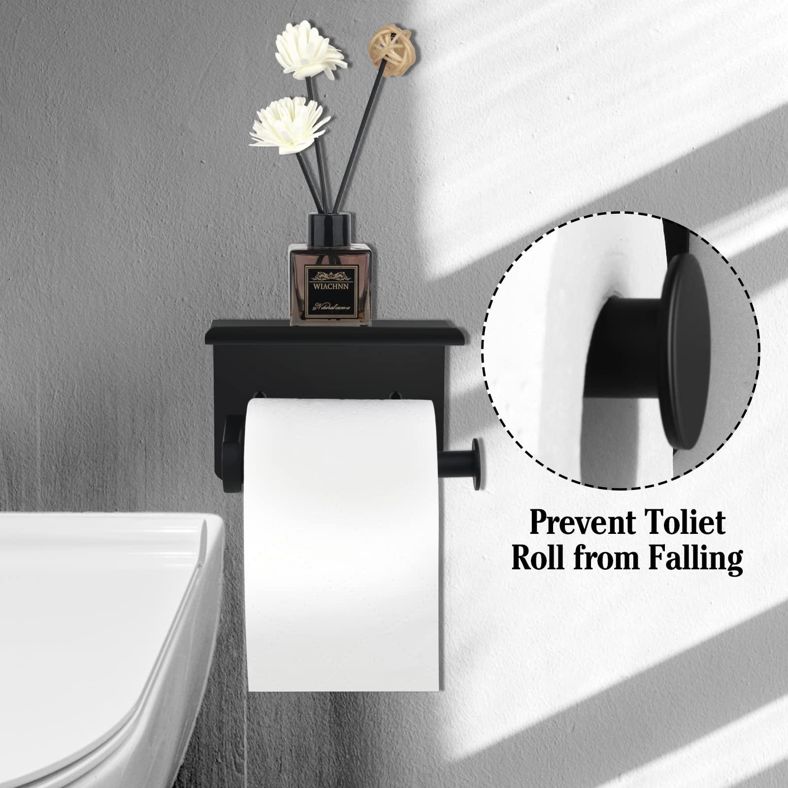 Zalorin Toilet Paper Holder, Matte Black Toilet Paper Holder with Shelf,Screw or Self Adhesive Toilet Paper Holder Wall Mount, Bathroom Toilet Paper Holder,Toilet Paper Roll Holder for Bathroom,Washroom