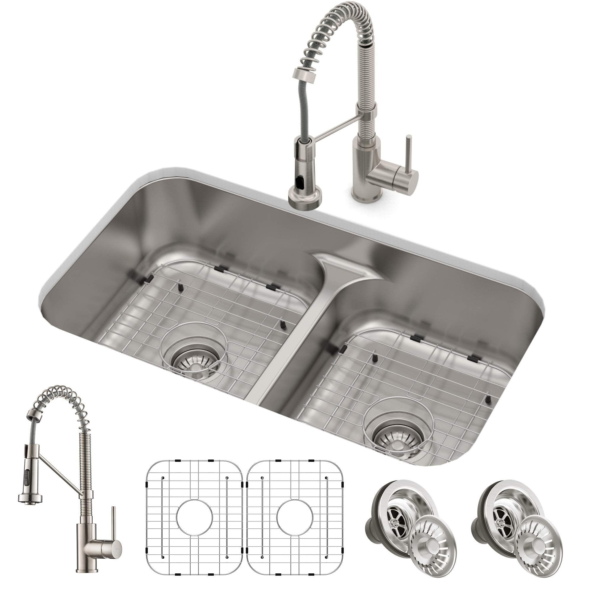 Zalorin Kitchen Combo Set with 33-inch 16 Gauge Undermount Kitchen Sink and Bolden 18-inch Pull-Down Commercial Style Kitchen Faucet, Spot Free Stainless Steel Finish