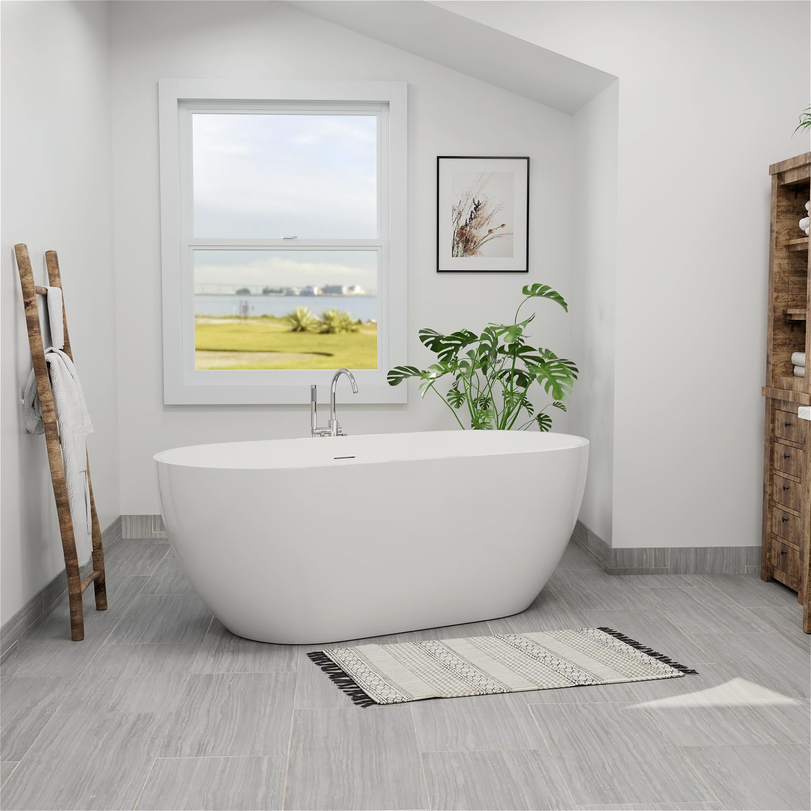 Zalorin 65" Acrylic Freestanding Tub, Double Ended Freestanding Tub, Soaking Tub with Integrated Slotted Overflow, Toe-On Chrome Drain, Glossy White