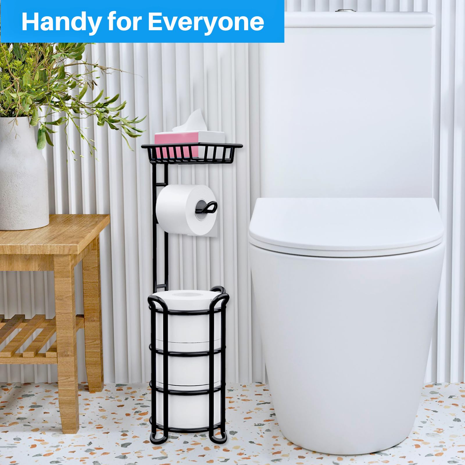 Zalorin Toilet Paper Holder Stand with Shelf, Free Standing Toilet Tissue Roll Storage Rack for Bathroom, Black