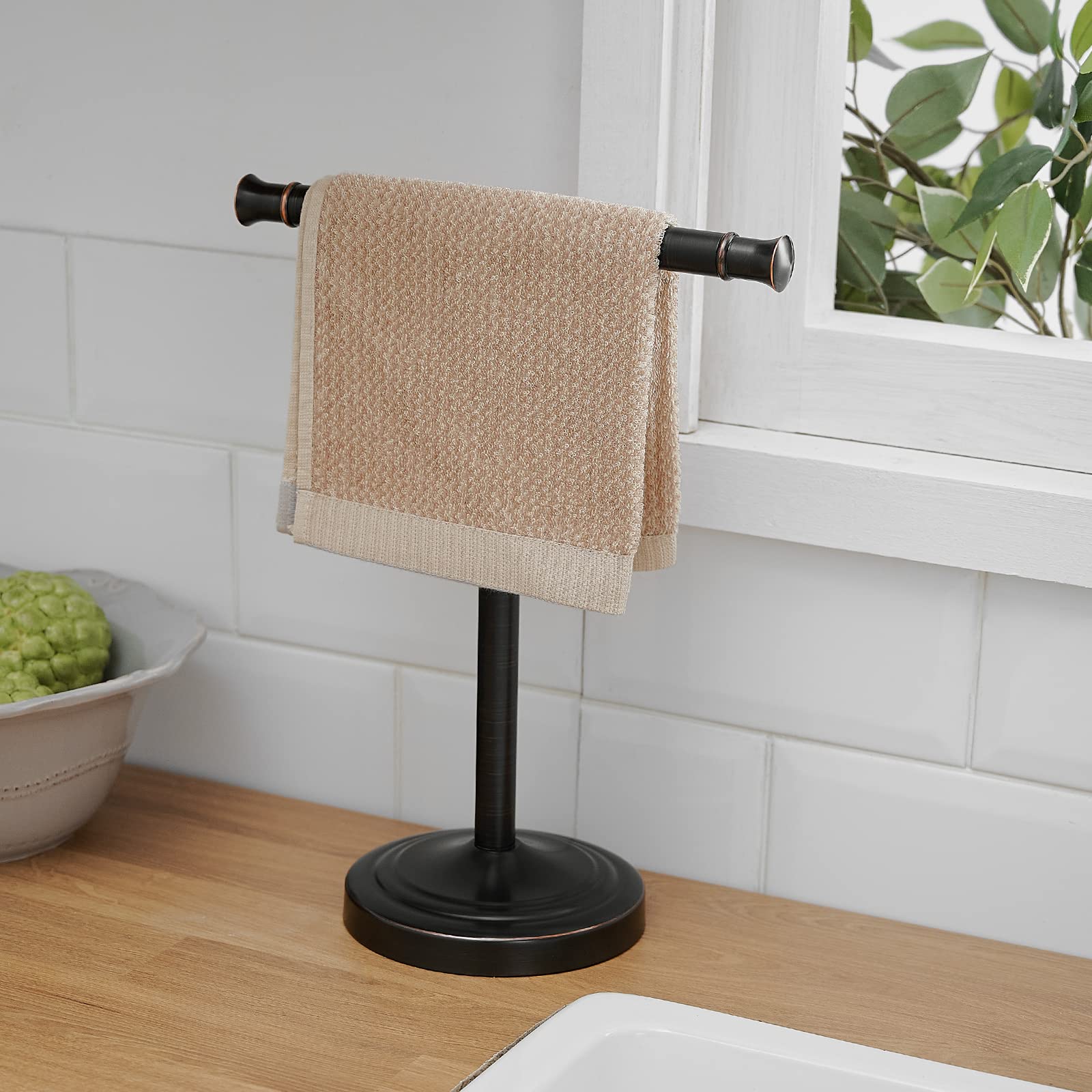 Zalorin 17 Inch Oil Rubbed Bronze Towel Stand Hand Towel Holder Bathroom Kitchen Vanity Countertop T-Shape Towel Rack Free Standing Stainless Steel Towel Bar Towel Ring