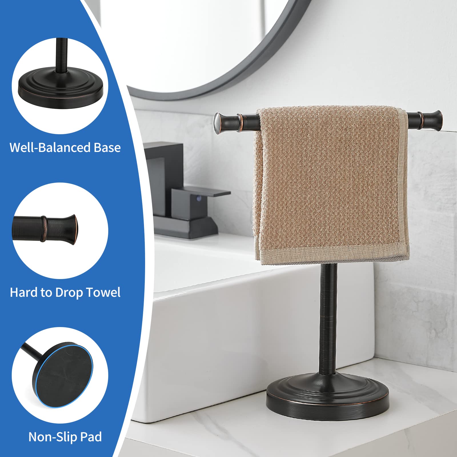 Zalorin 17 Inch Oil Rubbed Bronze Towel Stand Hand Towel Holder Bathroom Kitchen Vanity Countertop T-Shape Towel Rack Free Standing Stainless Steel Towel Bar Towel Ring