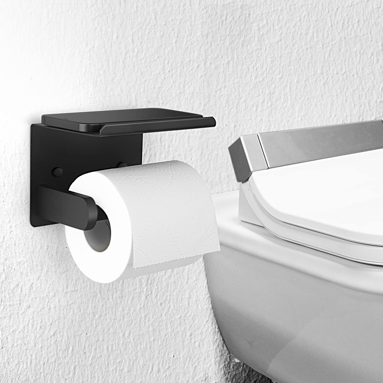 Zalorin Toilet Paper Holder, Matte Black Toilet Paper Holder with Shelf,Screw or Self Adhesive Toilet Paper Holder Wall Mount, Bathroom Toilet Paper Holder,Toilet Paper Roll Holder for Bathroom,Washroom