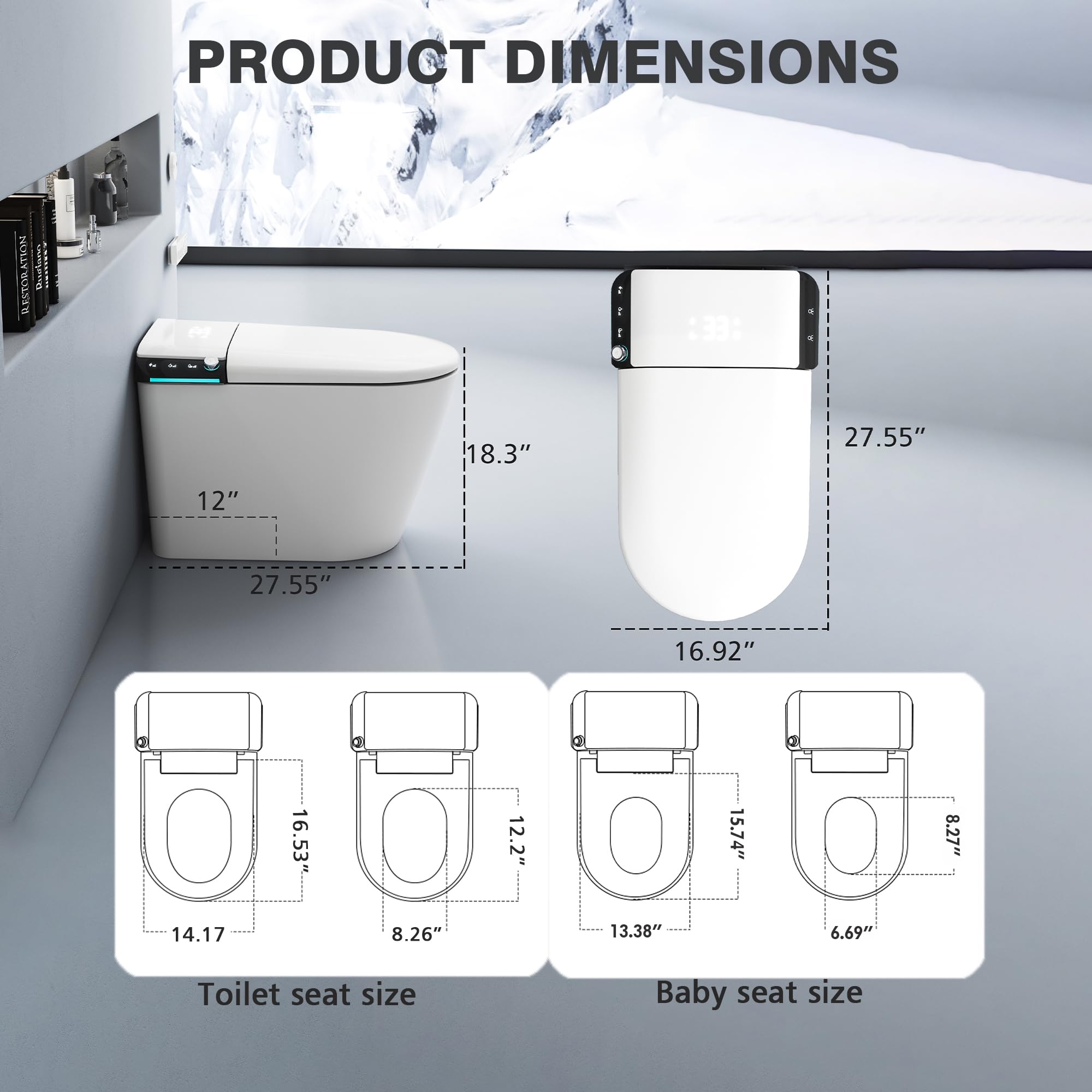 Zalorin Toilet with Auto Open/Close Lid, Bidet Toilet Pump-assisted, Blackout Flush, Heated Seat, Dual Auto Flush, Warm Water, Foot Sensor Operation, Tankless Elongated Toilets with LED Display