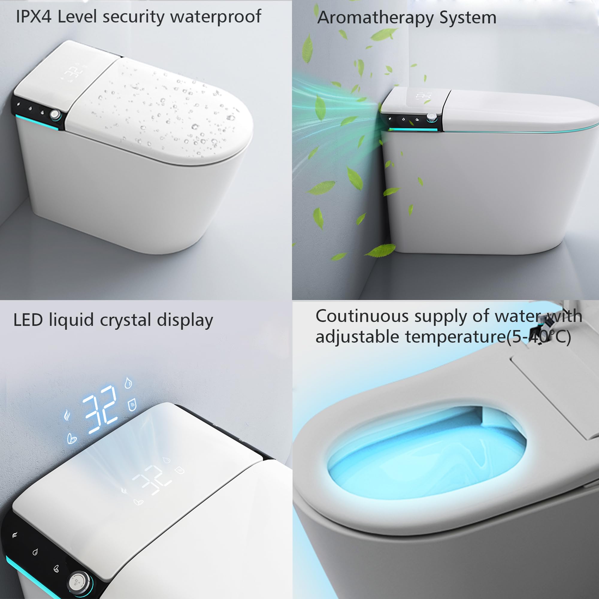 Zalorin Toilet with Auto Open/Close Lid, Bidet Toilet Pump-assisted, Blackout Flush, Heated Seat, Dual Auto Flush, Warm Water, Foot Sensor Operation, Tankless Elongated Toilets with LED Display