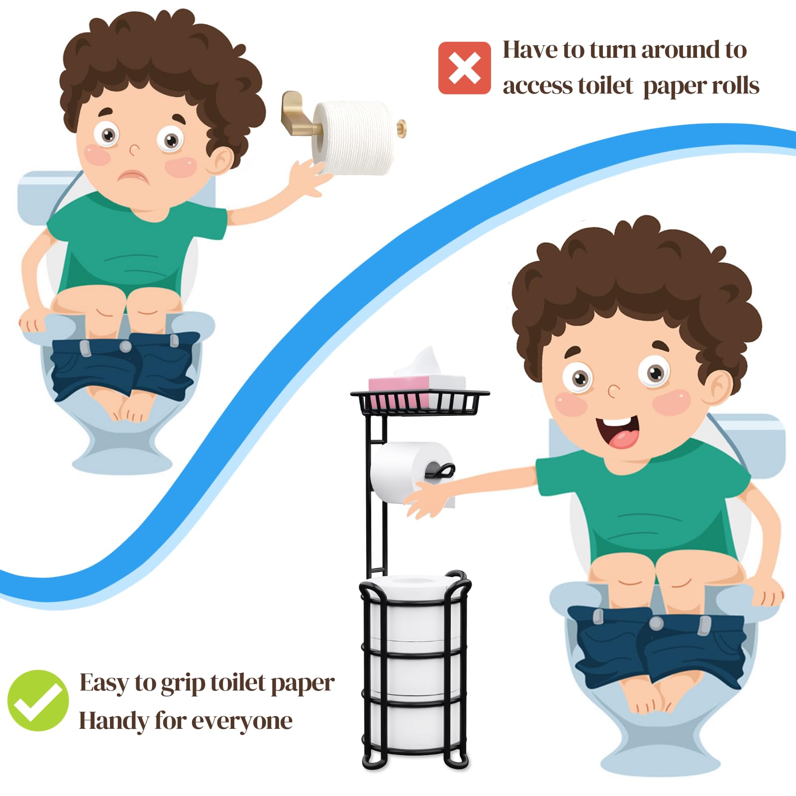 Zalorin Toilet Paper Holder Stand with Shelf, Free Standing Toilet Tissue Roll Storage Rack for Bathroom, Black