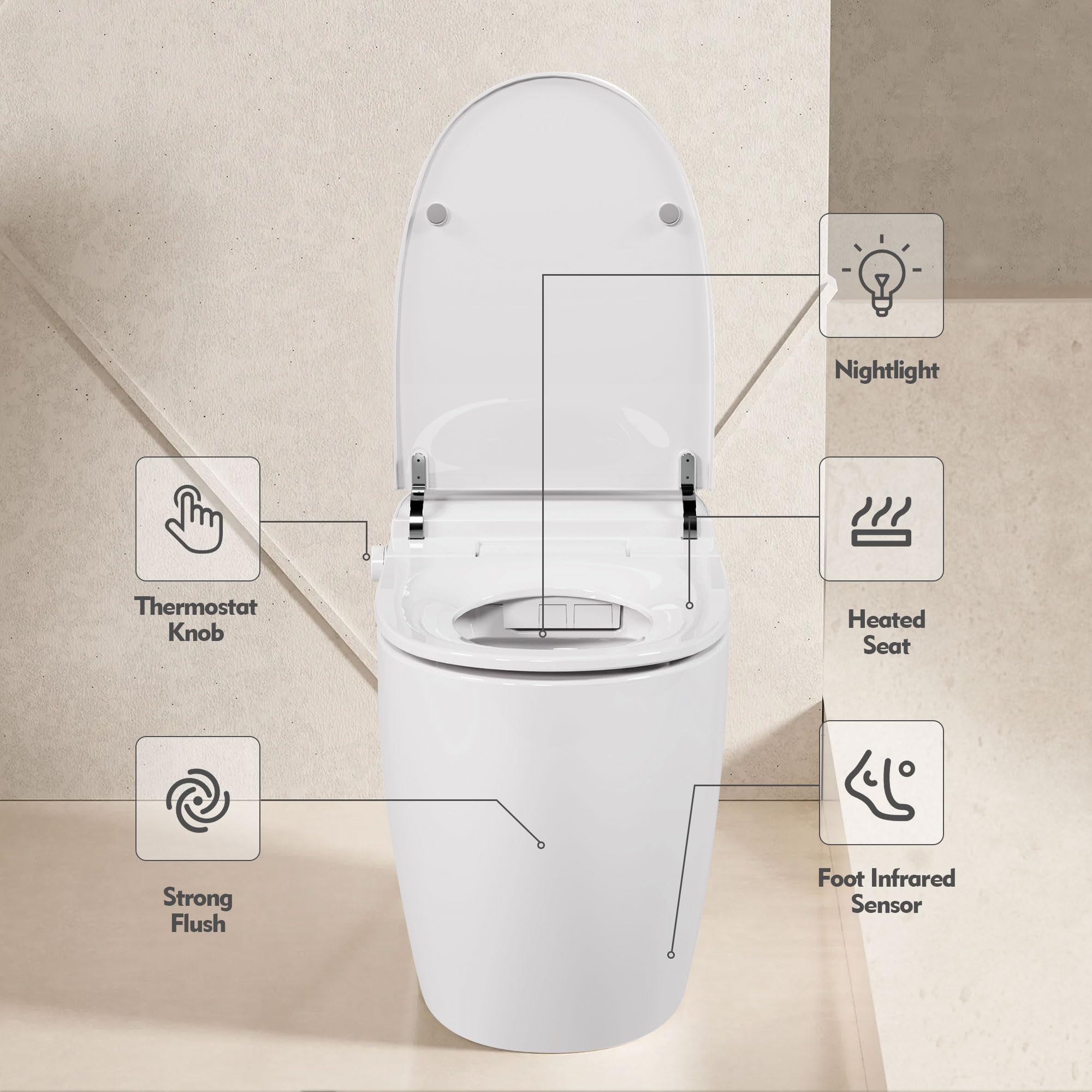 Zalorin Smart Toilet, One Piece Toilet for Bathrooms, Automatic Flush Tankless Toilet without Bidet,Heated Seat,Foot Sensor Flush, White Night Light, Knob Control, Power Outage Flushing, White