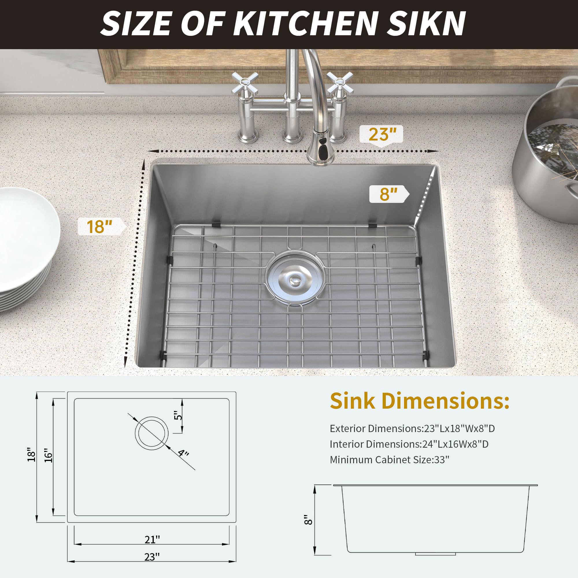 Zalorin Undermount Kitchen Sink Commercial 23" Stainless Steel Undermount Single Bowl Basin Handmade Nano silver Kitchen Sink, Top mount Drop-in 8 Inch Deep Kitchen Sinks