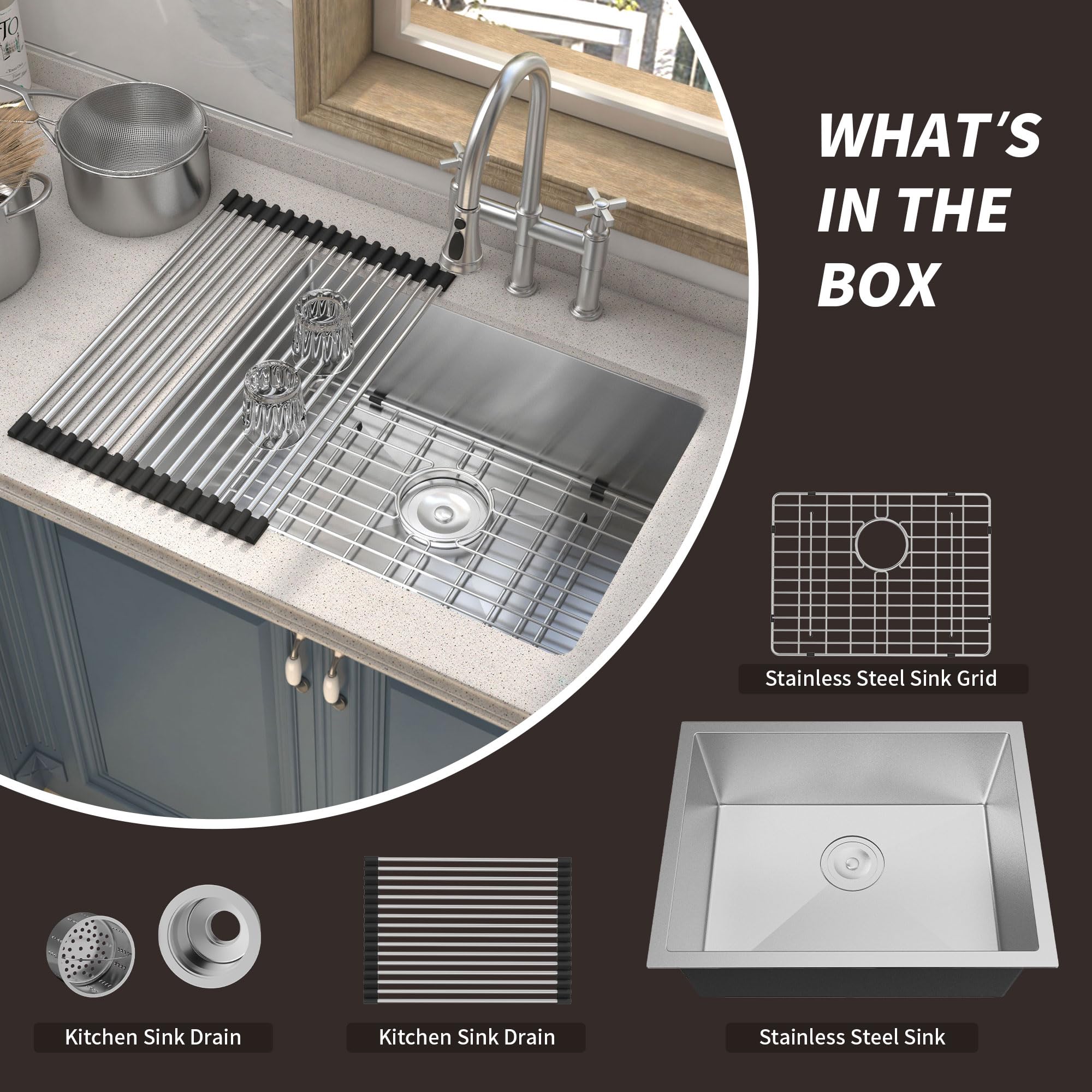 Zalorin Undermount Kitchen Sink Commercial 23" Stainless Steel Undermount Single Bowl Basin Handmade Nano silver Kitchen Sink, Top mount Drop-in 8 Inch Deep Kitchen Sinks