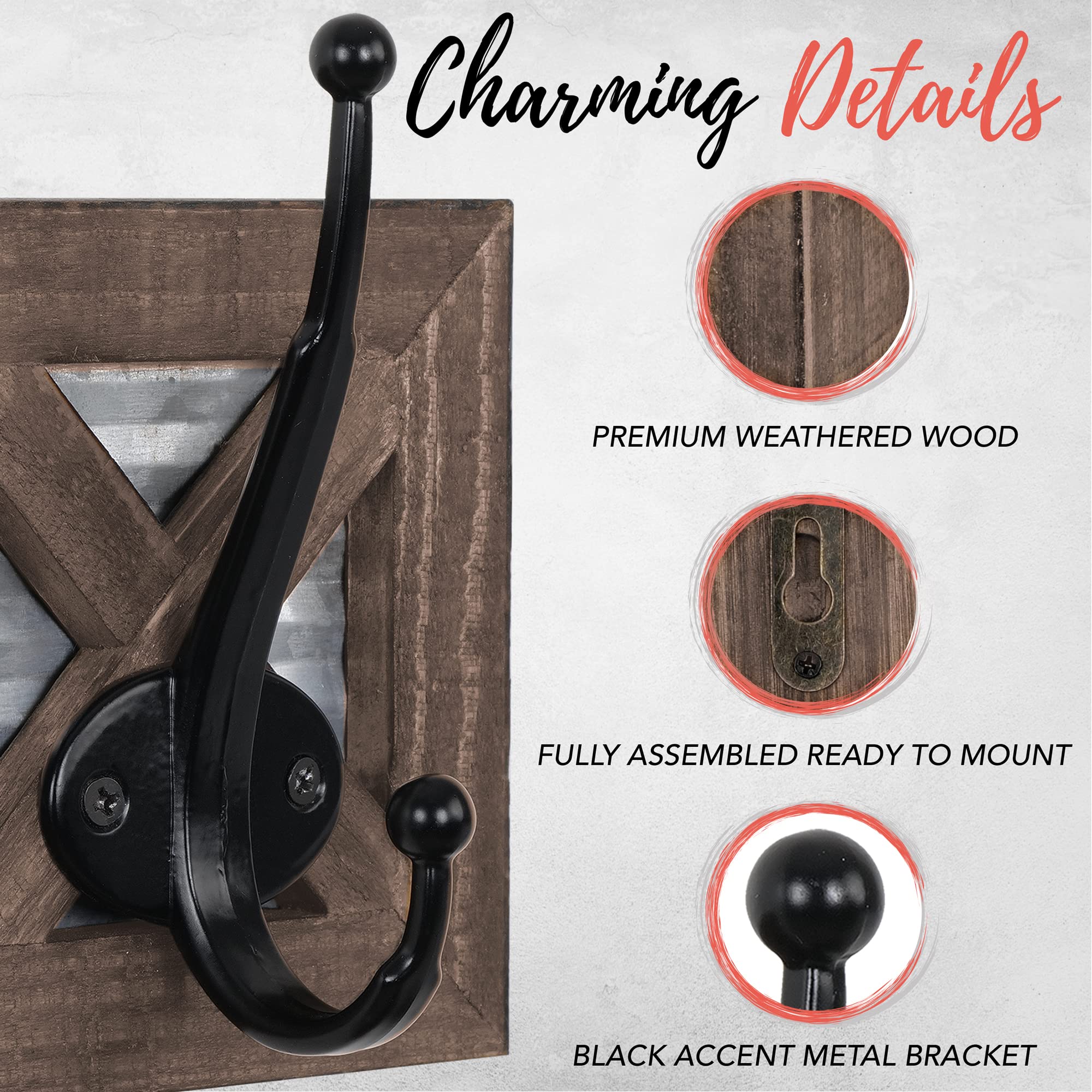 Zalorin Farmhouse Bathroom Hooks for Towels, Coat Hooks, and Robe Hooks - Towel Hooks for Bathroom Wall Mounted, Rustic Wall Hooks Decor, Wood, 2 Pack