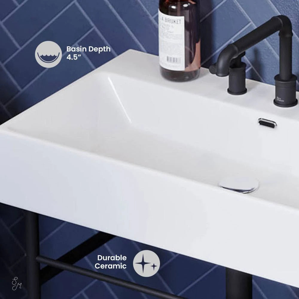 Zalorin 30" Console Sink White Basin Black Legs with 8" Widespread Holes
