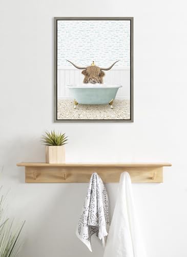 Zalorin Highland Cow and Duckling in Little Fish Bath Framed Canvas Wall Art by Amy Peterson Art Studio, 18x24 Gray, Cute Animal Bathtub Art for Wall