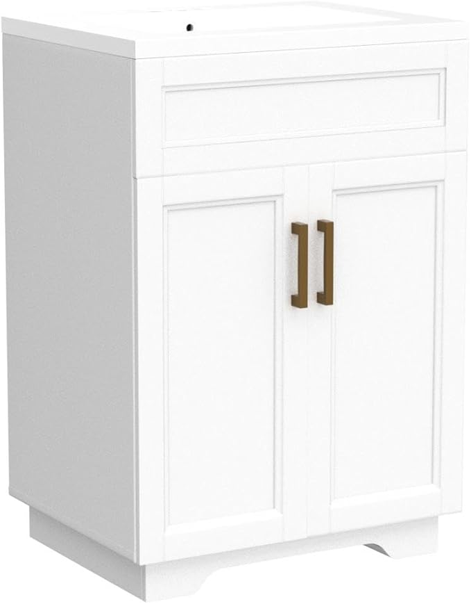 Zalorin Bathroom Vanity with Ceramic Sink, Wooden Double Door Bathroom Storage Vanity with 24 Inch, Small Quick Assembly Bathroom Cabinet
