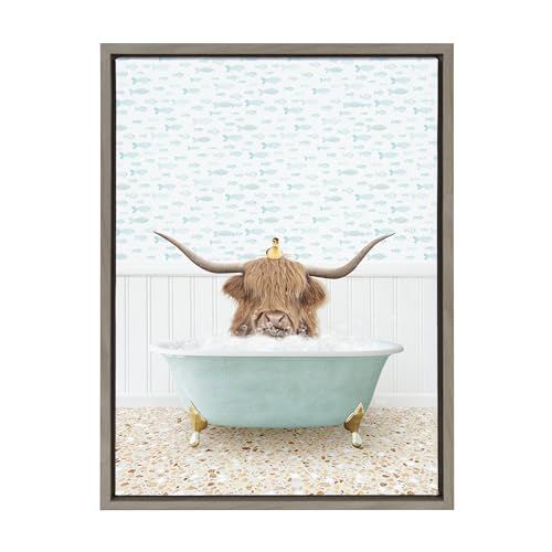 Zalorin Highland Cow and Duckling in Little Fish Bath Framed Canvas Wall Art by Amy Peterson Art Studio, 18x24 Gray, Cute Animal Bathtub Art for Wall