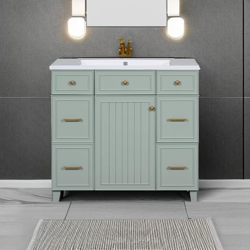 Zalorin 36" Green Bathroom Vanity with Sink, Modern Bathroom Vanity with 3 Drawers & Soft Close Doors, Solid Wood Bathroom Shaker Cabinet with Undermount Ceramic Sink, Gold Handles (Green)