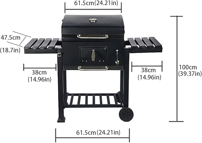 Zalorin BBQ Cart with Foldable Side Table, Charcoal Grill with Cover, Wheels, Smoker BBQ Large Charcoal Grill Cart for Outdoor Camping and