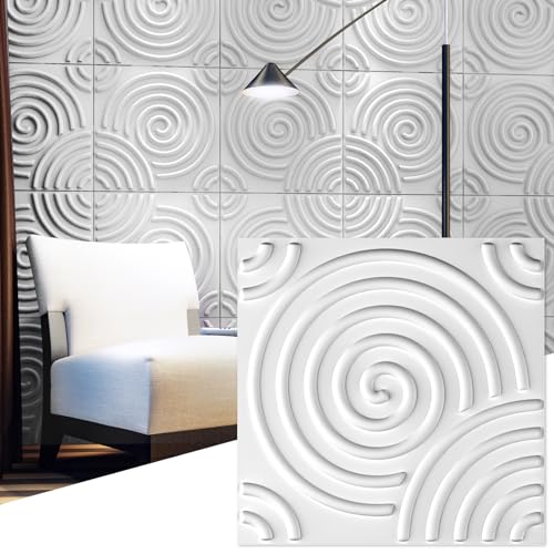 ZalorinPaintable 3D Texture Wall Panels, White Vortex, Pack of 12 Tiles 32 Sq Ft (Plant Fiber)