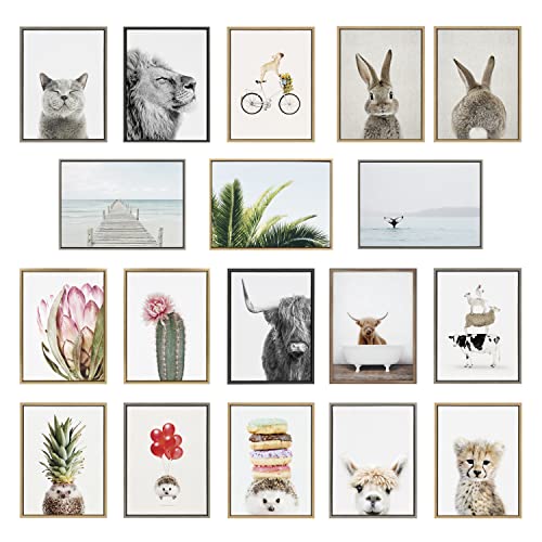 Zalorin Highland Cow and Duckling in Little Fish Bath Framed Canvas Wall Art by Amy Peterson Art Studio, 18x24 Gray, Cute Animal Bathtub Art for Wall