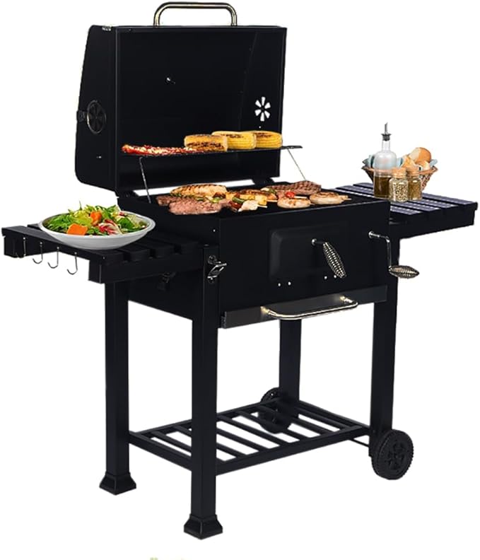 Zalorin BBQ Cart with Foldable Side Table, Charcoal Grill with Cover, Wheels, Smoker BBQ Large Charcoal Grill Cart for Outdoor Camping and
