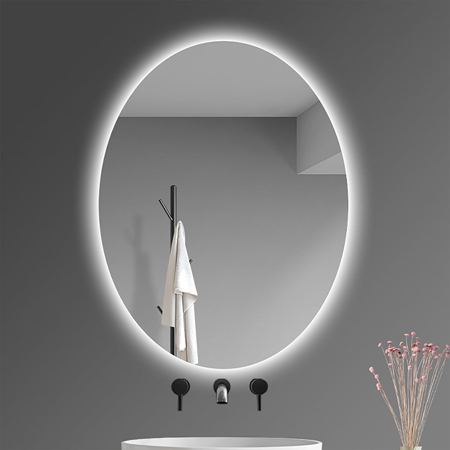 Zalorin  Oval Bathroom Vanity Mirror for Wall, Illuminated Shower Decorative Mirror Anti-Fog, 3-Color Dimmable, Wall Mounted Hanging Modern Entryway Mirrors with Touch Switch (Color : Shape A, Siz