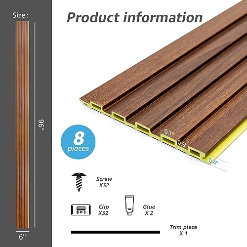 ZalorinSlat Wall Panels, WPC Soundproof 3D Wall Paneling for Interior Wall Decor, TV Background, 8-Pack 96 x 6 in. Teak