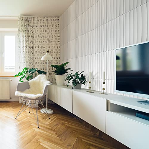 Zalorin 3D Wall Panels for Interior Wall Decor, White Striped Decorative Wall Panels Peel and Stick, Comes with a Roll of Peel and Stick Tape, Pack of 12 Wall Tiles 32.34 sq. Ft