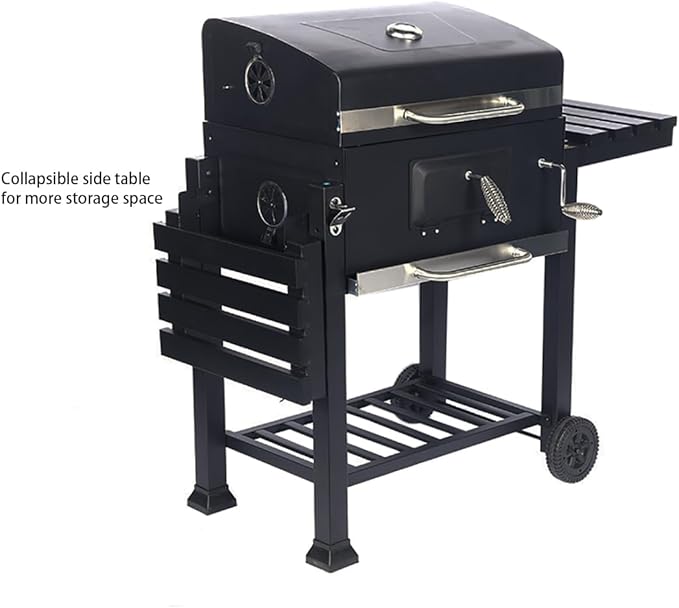 Zalorin BBQ Cart with Foldable Side Table, Charcoal Grill with Cover, Wheels, Smoker BBQ Large Charcoal Grill Cart for Outdoor Camping and