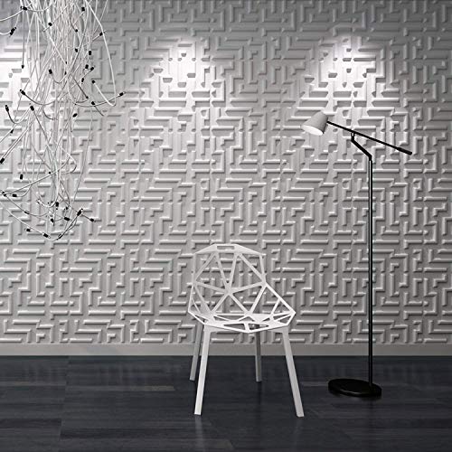Zalorin Paintable 3D Texture Wall Panels Maze Design, White, Pack of 12 Tiles 32 Sq Ft (Plant Fiber)