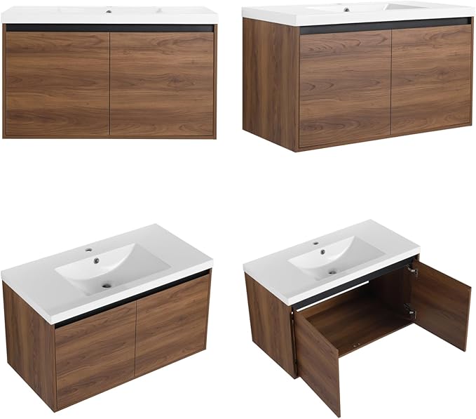 Zalorin Bathroom Vanity,Wall Mounted Bathroom Storage Cabinet with Resin Sink & 2 Soft Closing Doors,36'' Floating Vanity Cabinet with 45° Bevel Handle & Below Large Storage Space,Brown