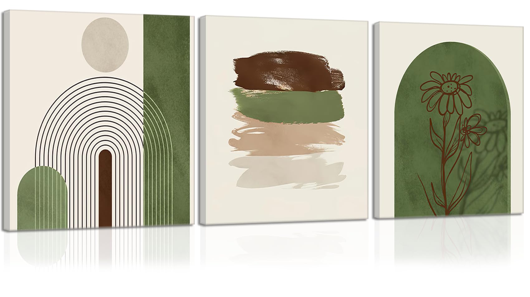 Zalorin  Sage Green Boho Wall Art Set of 3 Framed Geometric Line Canvas Beige Green pictures for Wall Boho Prints Sage Green Posters for Living Room, Bedroom, Bathroom, Office Wall Decor20"W*20"H*3