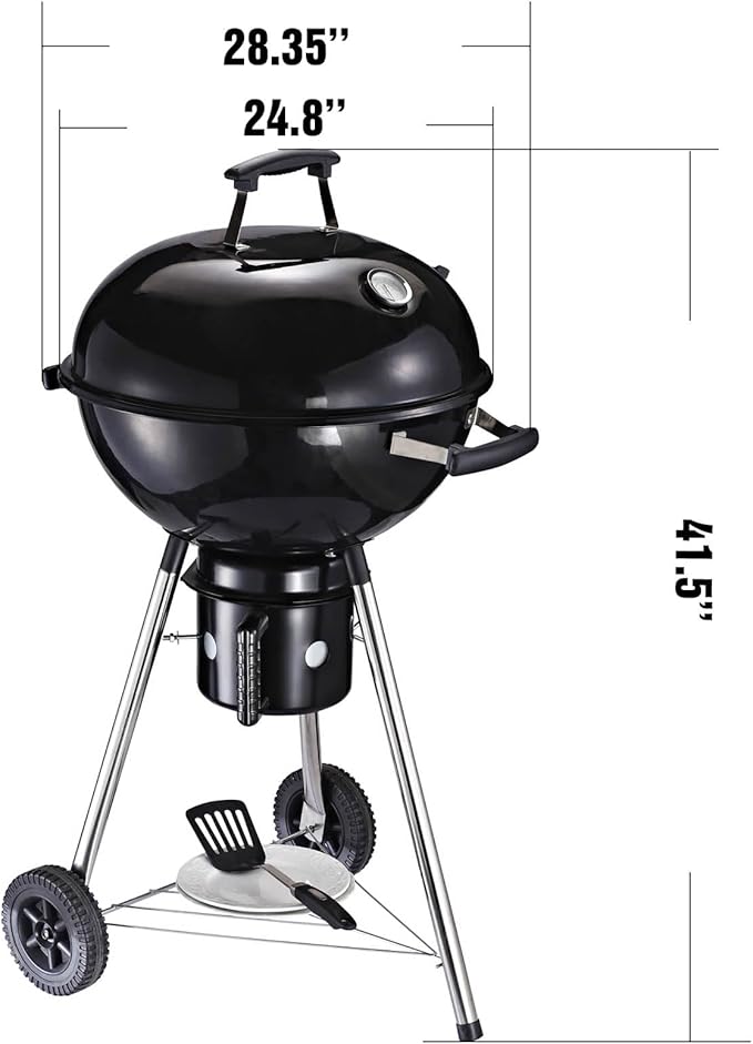 ZalorinCharcoal Grill 22-Inch, Movable Barbecue Charcoal Grill With Built-in Thermometer, Porcelain-Enameled Lid, Slide Out Ash Catcher For Outdoor Cooking, Patio, Backyard, Black