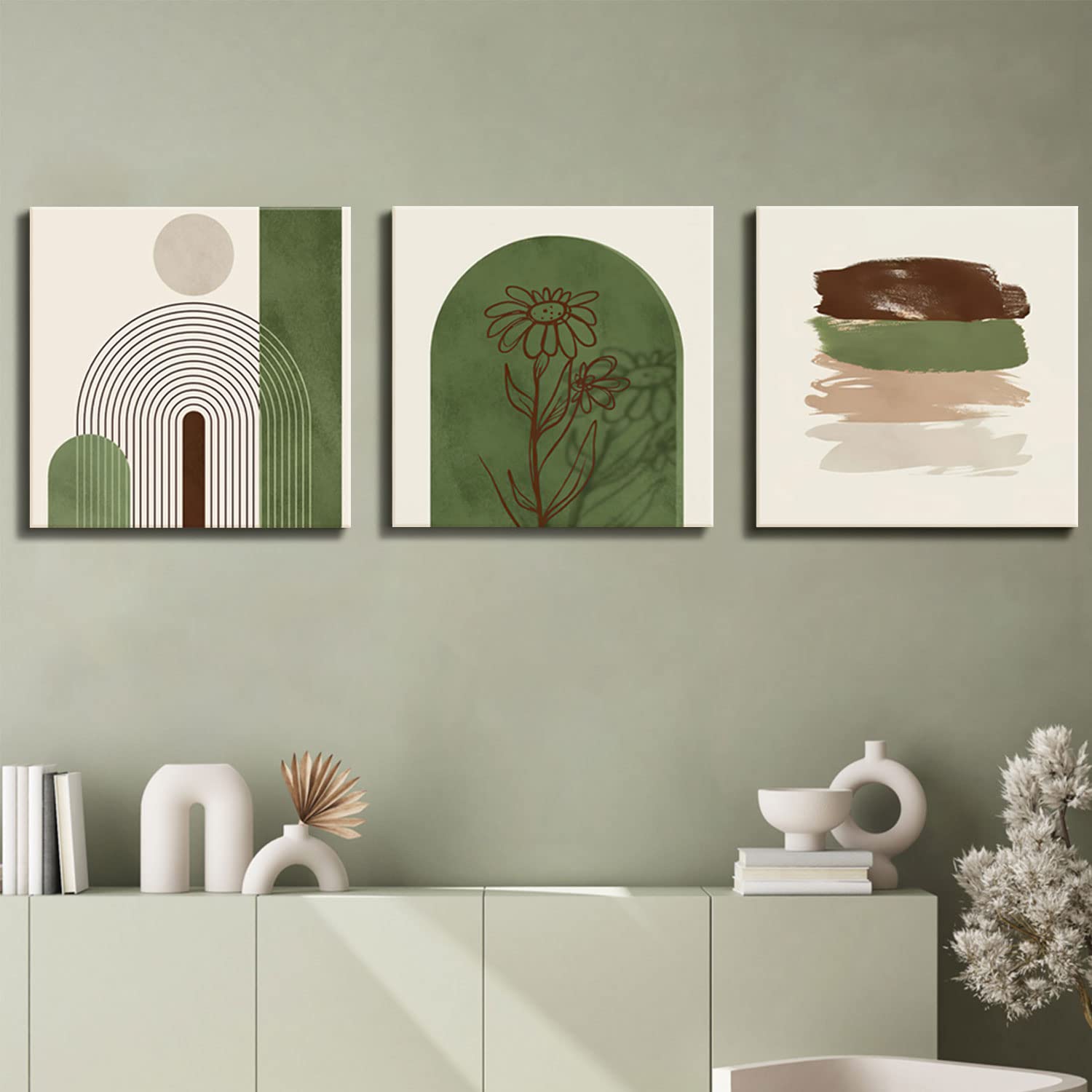 Zalorin  Sage Green Boho Wall Art Set of 3 Framed Geometric Line Canvas Beige Green pictures for Wall Boho Prints Sage Green Posters for Living Room, Bedroom, Bathroom, Office Wall Decor20"W*20"H*3