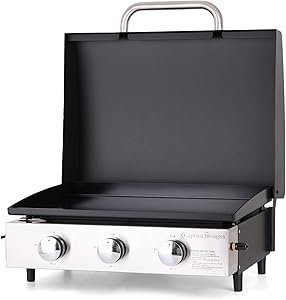 22 Inch Flat Top Grill with Ceramic Coated Cast Iron Pan, 3 Burners Portable Tabletop Propane Gas Griddle Grill for Camping, Outdoor & Tailgating Barbecue.