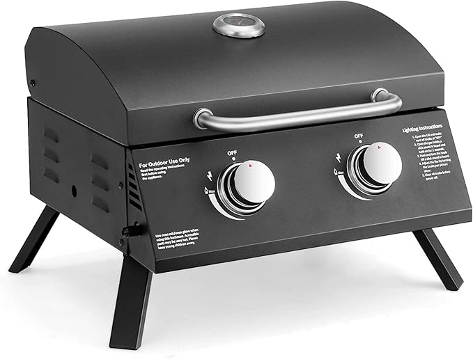 Zalorin Portable Gas Grill, Small Foldable Tabletop Propane BBQ Griddle w/Grease Tray, Thermometer, 20,000 BTU / 243 Sq.in Cooking Area, 2 Burner Gas Grill for Outdoor Camping, Tailgating
