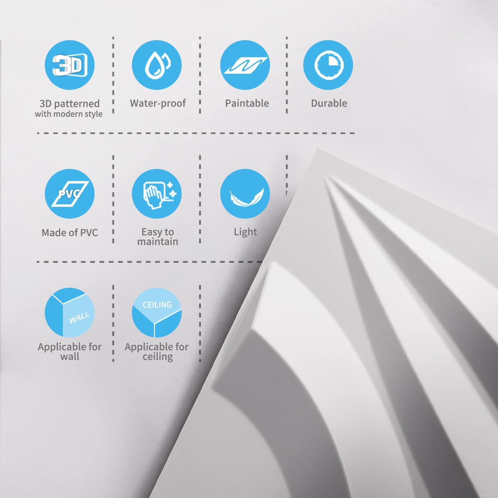 Zalorin PVC 3D Wall Tile-Flowing Wave in White, Paintable 3D Panel, 19.7in. X 19.7in. Pack of 12, Covers 32 Sq.Ft