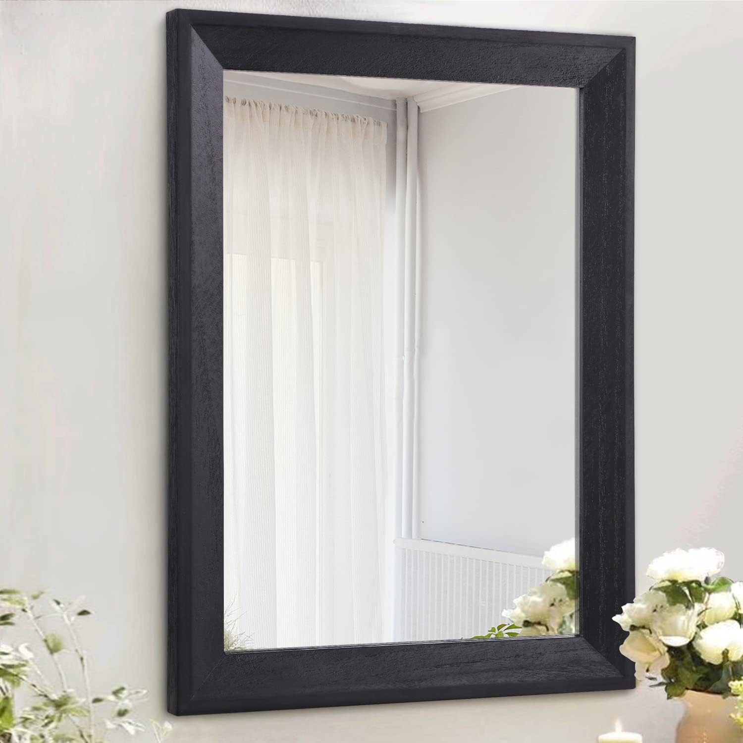 Zalorin Wall Mirror Black Rectangle Rustic Wood Mirror Decorative Hanging Mirror for Bathroom Bedroom Farmhouse