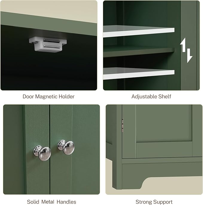 Zalorin Bathroom Cabinet, Storage Cabinet with 4 Doors & 2 Adjustable Shelves, Cupboard for Living Room, Entryway, Office, Forest Green