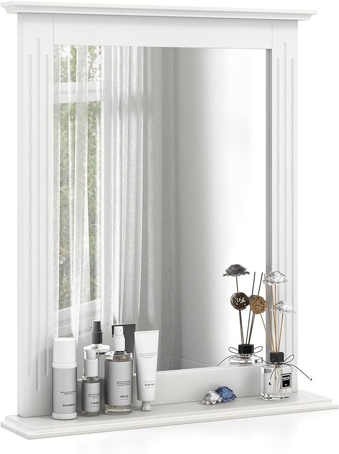 Zalorin Bathroom Wall Mirror with Shelf, Square Makeup Mirror Wall Hanging Mirror, Vanity Mirror for Dressing Room Washroom Bedroom, Modern Concise Wall Mounted Mirror (White)