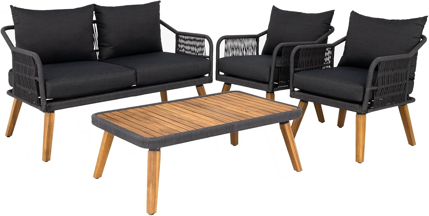 IDZO Serene Patio Conversation Sets, 800lbs Capacity FSC Certified Acacia Wood Outdoor Furniture with 3.9in Thick Soft Cushions, 4 Pieces Modern Rope_Obsidian